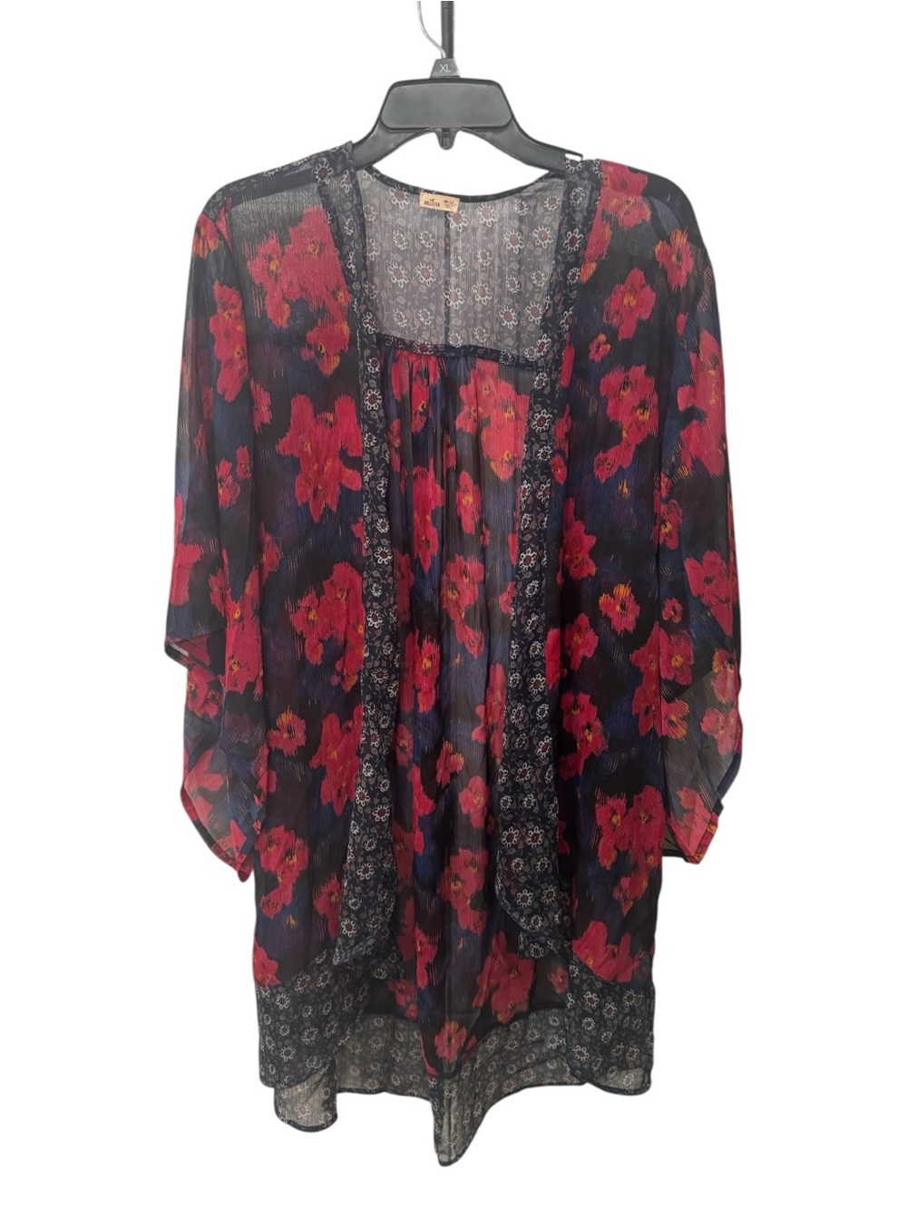 Hollister sheer floral open cardigan featuring a vibrant red and blue color